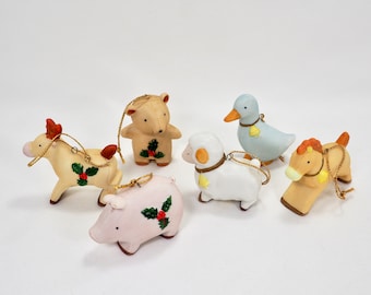 Vintage Homco Christmas Ornaments Set of 6 #8909 Deer Bear Pig Sheep Horse Duck