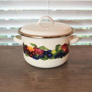 Enamelware Small Stock Pot: Orchard Fruit Design, Cottagecore Kitchen Decor