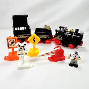 Vintage Fisher-Price GeoTrax Black Push Train Set with Cars, Signs, and Figure