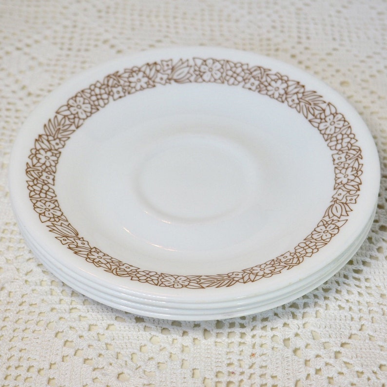 Set of 4 Corelle Saucer Vintage Brown and White Replacement Dishes \u201cWoodland Brown\u201d by Corning