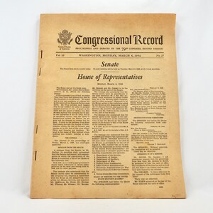 May include: A black and white newspaper clipping from the Congressional Record, dated March 4, 1946. The headline reads "Congressional Record" and the subheading reads "Proceedings and Debates of the 79th Congress, Second Session". The text below the headline includes the date "Monday, March 4, 1946" and the issue number "No. 37".