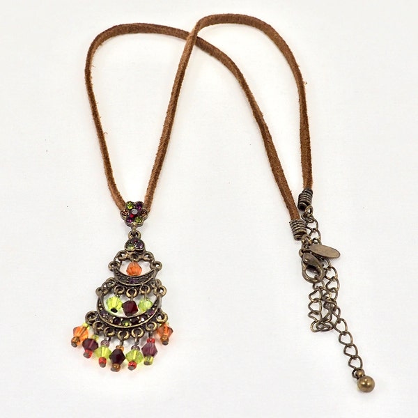 Vintage Boho Necklace PD Crown Premier Jewelry Chandelier Pendant on Suede Rope