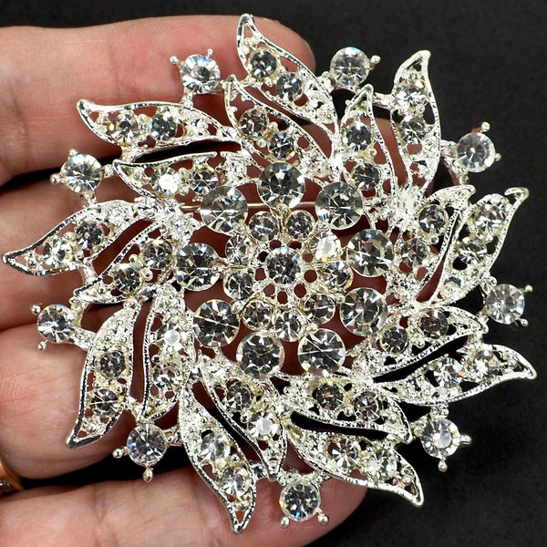 Vintage Brooch Estate Jewelry Clear Rhinestones Large Flower Design