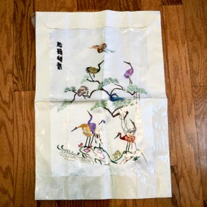 Vtg Asian Embroidered Silk Artwork with Cranes - AS-IS