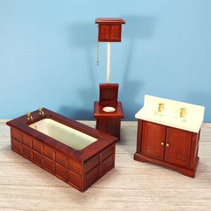 Dollhouse Bathroom Furniture Set, Miniature Mahogany Bath Suite,Vanity Tub Toilet, Victorian Decor