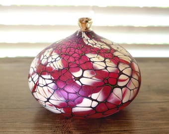 Hand Blown Art Glass Oil Lamp – Iridescent Purple & White Crackle Design with Burner Insert