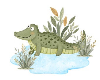 Boho Alligator Nursery Wall Art – Digital Watercolor Safari Animal Print – 8.5x11” Instant Download – Jungle Baby Room Decor