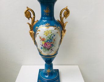 Large porcelain blue and gold vase by COULEUVRE France