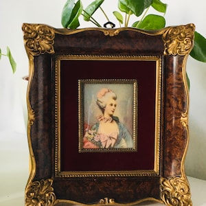 Vintage miniature framed painting of Marquise de Brincourt Franceon Limoges porcelain plaque