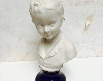 Antique LARGE Bisque bust on cobalt blue stand representing Alexandre Brongniart  after Houdon Statuette of child by porcelain VEB Germany