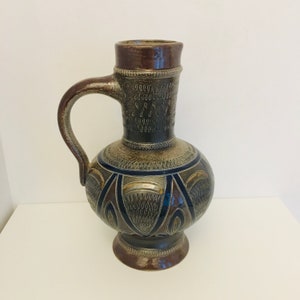 Vintage Westerwald ceramic pottery pitcher jug Germany blue brown Salt glazed retro stein