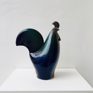 poulet coq poterie studio vintage par Wim Mühlendyck Allemagne glaçure au sel bleu design moderniste rétro du milieu du siècle