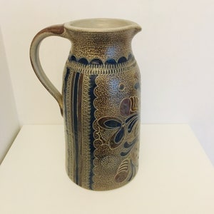 Vintage Westerwald ceramic pottery pitcher jug Germany blue brown Salt glazed retro stein