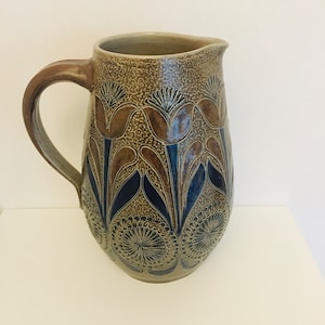Vintage Westerwald ceramic pottery pitcher jug Germany blue brown Salt glazed retro stein