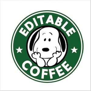 May include: A green and white circular graphic featuring a cartoon dog resembling Snoopy. The dog is in the center, surrounded by the words "EDITABLE COFFEE" in white text. Two white stars are on either side of the dog.