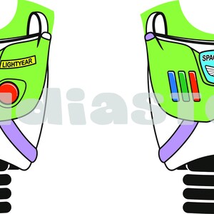 Puede incluir: Gr&aacute;fico verde y blanco de una placa pectoral de Buzz Lightyear. La placa pectoral tiene las palabras "SPACE RANGER" y "LIGHTYEAR" impresas. Tambi&eacute;n presenta un bot&oacute;n rojo, tres barras de colores y un dise&ntilde;o blanco y morado.