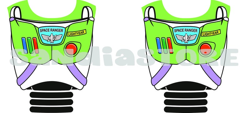 Puede incluir: Gr&aacute;fico verde y blanco de una placa pectoral de Buzz Lightyear. La placa pectoral tiene las palabras "SPACE RANGER" y "LIGHTYEAR" impresas. Tambi&eacute;n presenta un bot&oacute;n rojo, tres barras de colores y un dise&ntilde;o blanco y morado.