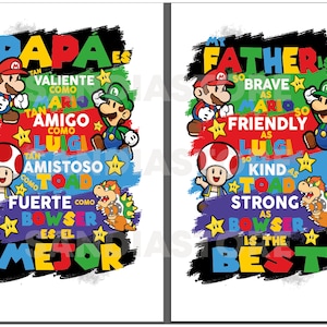 May include: Two framed prints with colorful text and cartoon characters from the Super Mario video game series. One print says "Papa es el Mejor" and the other says "My Father is the Best".