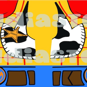 Puede incluir: Un dise&ntilde;o gr&aacute;fico colorido con un chaleco amarillo con cuello rojo, un chaleco blanco y negro con estampado de vaca y un cintur&oacute;n azul con hebilla. El dise&ntilde;o incluye una placa de sheriff.