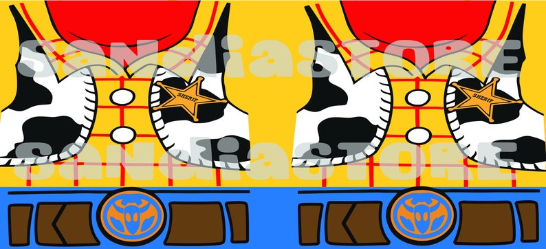 Puede incluir: Un dise&ntilde;o gr&aacute;fico colorido con un chaleco amarillo con cuello rojo, un chaleco blanco y negro con estampado de vaca y un cintur&oacute;n azul con hebilla. El dise&ntilde;o incluye una placa de sheriff.