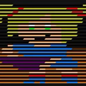 May include: A pixelated image of a girl with blonde hair and a blue and purple dress. The image is made up of horizontal lines of different colors.