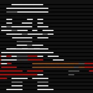 May include: Two pixel art figures, one in white and one in red, are standing side-by-side. The white figure is on the left and the red figure is on the right. The figures are made up of horizontal lines.