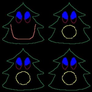 Può includere: Quattro alberi di Natale verdi con diverse espressioni facciali. L'albero in alto a sinistra ha un sorriso rosso, l'albero in alto a destra ha un cerchio giallo, l'albero in basso a sinistra ha un cerchio giallo e l'albero in basso a destra ha un cerchio giallo. Tutti gli alberi hanno occhi blu e sopracciglia rosse.