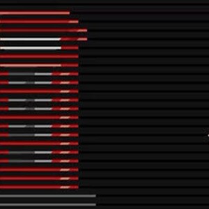May include: A red and white striped pattern is displayed on a black background. The pattern is made up of horizontal lines, and the lines are arranged in a repeating pattern. The pattern is reminiscent of a barcode or a digital display.
