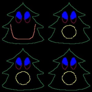 May include: Four green Christmas trees with different facial expressions. The top left tree has a red smile, the top right tree has a yellow circle, the bottom left tree has a yellow circle, and the bottom right tree has a yellow circle. All trees have blue eyes and red eyebrows.