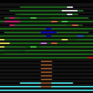 May include: A pixelated image of a green tree with a brown trunk and colorful lights. Two pixelated figures stand on either side of the tree, each with a red, orange, and green body and blue eyes.