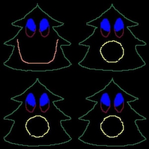 Puede incluir: Cuatro árboles de Navidad verdes con diferentes expresiones faciales. El árbol de arriba a la izquierda tiene una sonrisa roja, el árbol de arriba a la derecha tiene un círculo amarillo, el árbol de abajo a la izquierda tiene un círculo amarillo y el árbol de abajo a la derecha tiene un círculo amarillo. Todos los árboles tienen ojos azules y cejas rojas.