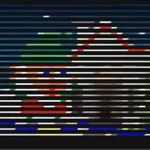 May include: An abstract digital artwork with horizontal white and colored lines. The color palette includes shades of blue, green, red, and yellow, creating a pixelated effect. The image has a dark background.