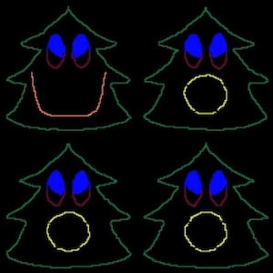 Puede incluir: Cuatro ilustraciones verdes en forma de árbol de Navidad con diferentes expresiones faciales. El primer árbol tiene una sonrisa roja, el segundo tiene un círculo amarillo para la boca, el tercero tiene un círculo amarillo para la boca y el cuarto tiene un ceño fruncido rojo.