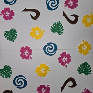 Pode incluir: Uma cole&ccedil;&atilde;o de recortes de papel coloridos com flores tropicais, folhas e um design em espiral. As cores incluem amarelo, rosa, verde, azul e marrom.