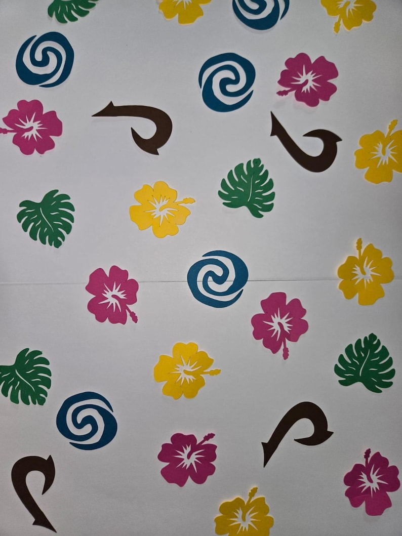 Pode incluir: Uma cole&ccedil;&atilde;o de recortes de papel coloridos com flores tropicais, folhas e um design em espiral. As cores incluem amarelo, rosa, verde, azul e marrom.