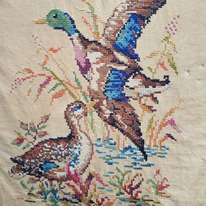 Vintage Cross Stitch Ducks - 1960&#39;s - Large Wall Size