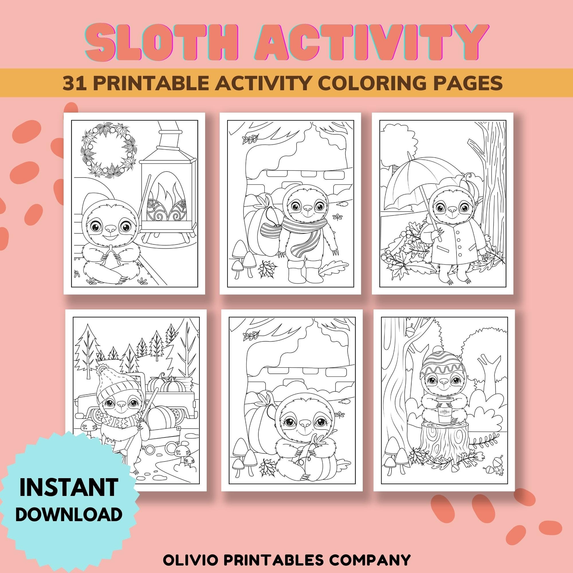 Sloth Coloring Pages Printable Activity Pages Cute Coloring - Etsy