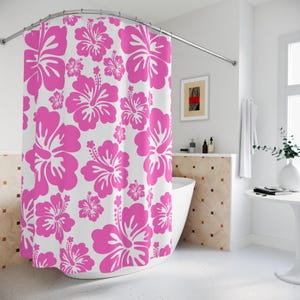 Hawaiian Flower Shower Curtains, Tropical Bathroom Decor, Pink Floral Bath Curtain, Beach House Home Accessories, Vibrant Floral Print