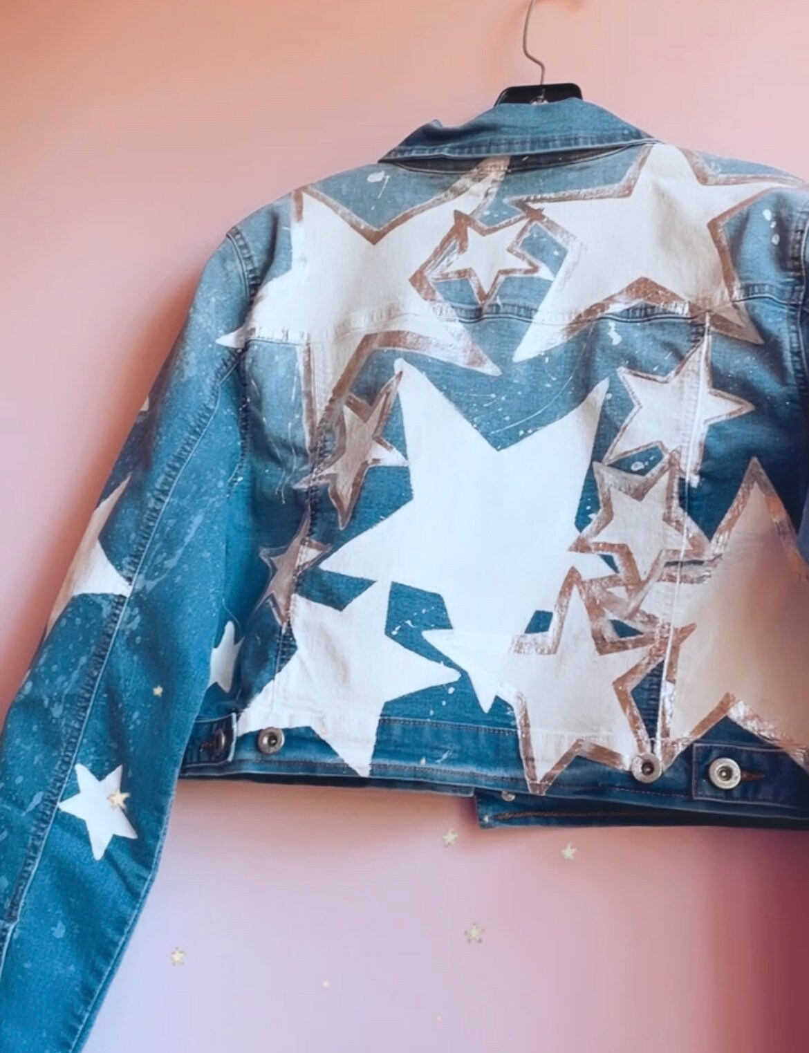 Hot Pink Star Sequin Custom Hand Painted Denim Jacket - Details and Swirls