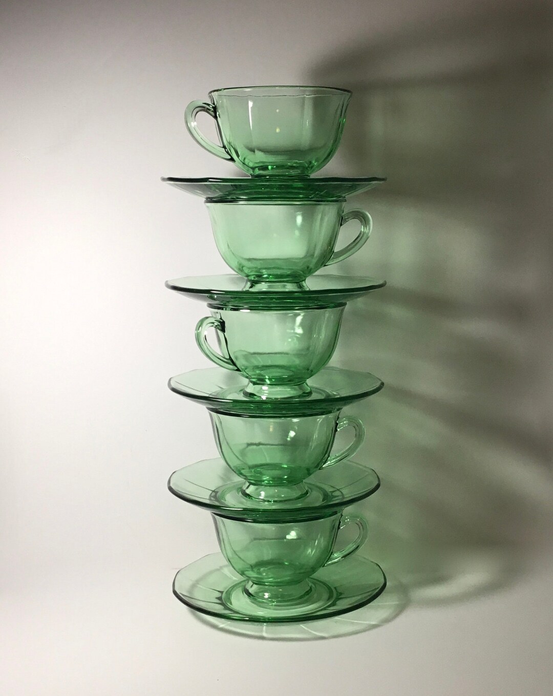 Vintage FOSTORIA Green Depression Glass Tea Cups and Saucers Set of 5 in FAIRFAX Pattern Etsy