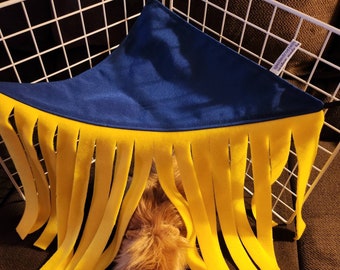 Corner Hidey with Fringe - solid blue canvas top with  yellow fleece fringe.