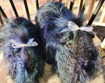 Realistic looking Silky plush Guinea Pigs with black crinkle hair with highlights of blue, green, and purple.