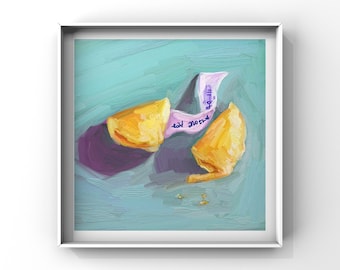 May include: A painting of a fortune cookie with a purple and white fortune paper that reads "Eat another one, you'll be fine". The cookie is broken open and the fortune paper is partially pulled out. The cookie is on a teal blue background with gold flecks.
