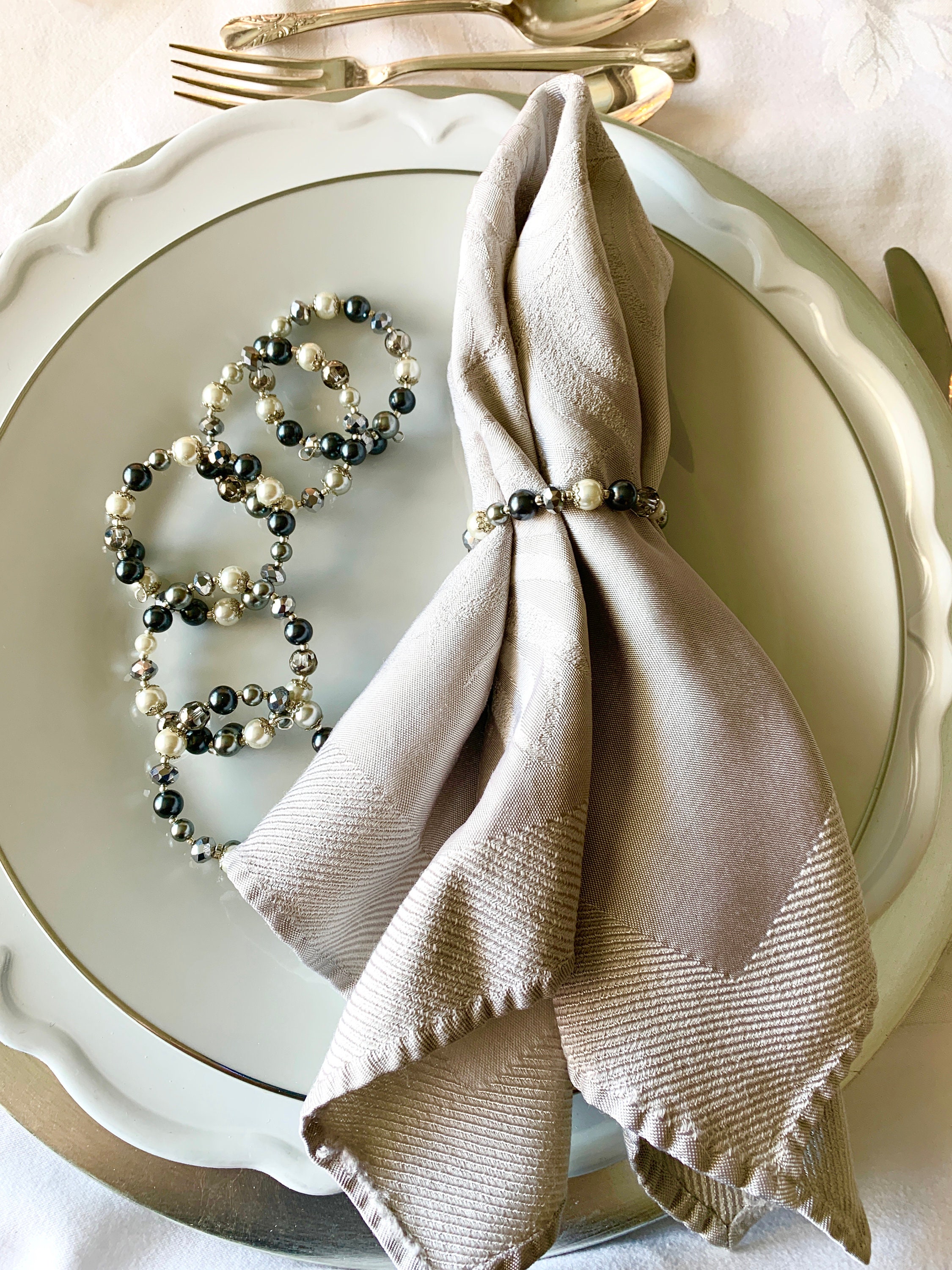 Napkin Rings High Tea or Any Occasion Set of 6 Each 86mm Glass Faux Pearls Metallic Faceted Designs Adds Beautiful Touch to