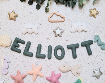 Under the sea Garland name bunting banner wall sign hanging decor Nursery mobile felt cord personalised pastel colours seahorse starfish