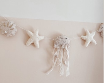 Under the sea Nursery Garland bunting banner wall hanging decor mobile felt cord personalised neutral. Ocean theme seahorse starfish