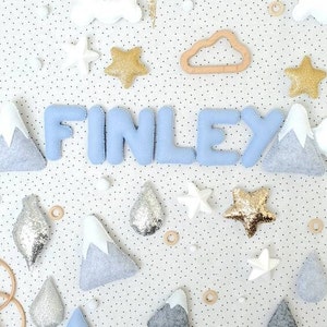 Personalised Cloud name garland. Felt bunting for baby. Nursery banner. Kids Wall hanging Gift. Blue Grey decor