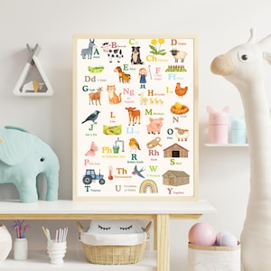 May include: A framed alphabet chart featuring farm animals and related words. The colorful illustrations include a donkey, cow, dog, sheep, horse, girl, chicken, goat, cat, pig, and more. The chart is displayed on a white shelf with decorative items.