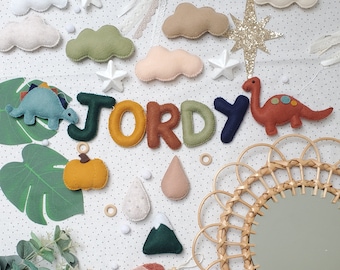 Personalised Dinosaur name garland. Felt dino bunting. Monochrome Nursery banner. Grey White decoration