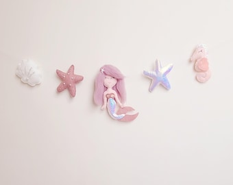 Under the sea Nursery Garland bunting banner wall hanging decor mobile felt cord personalised neutral. Ocean theme seahorse starfish Dusky